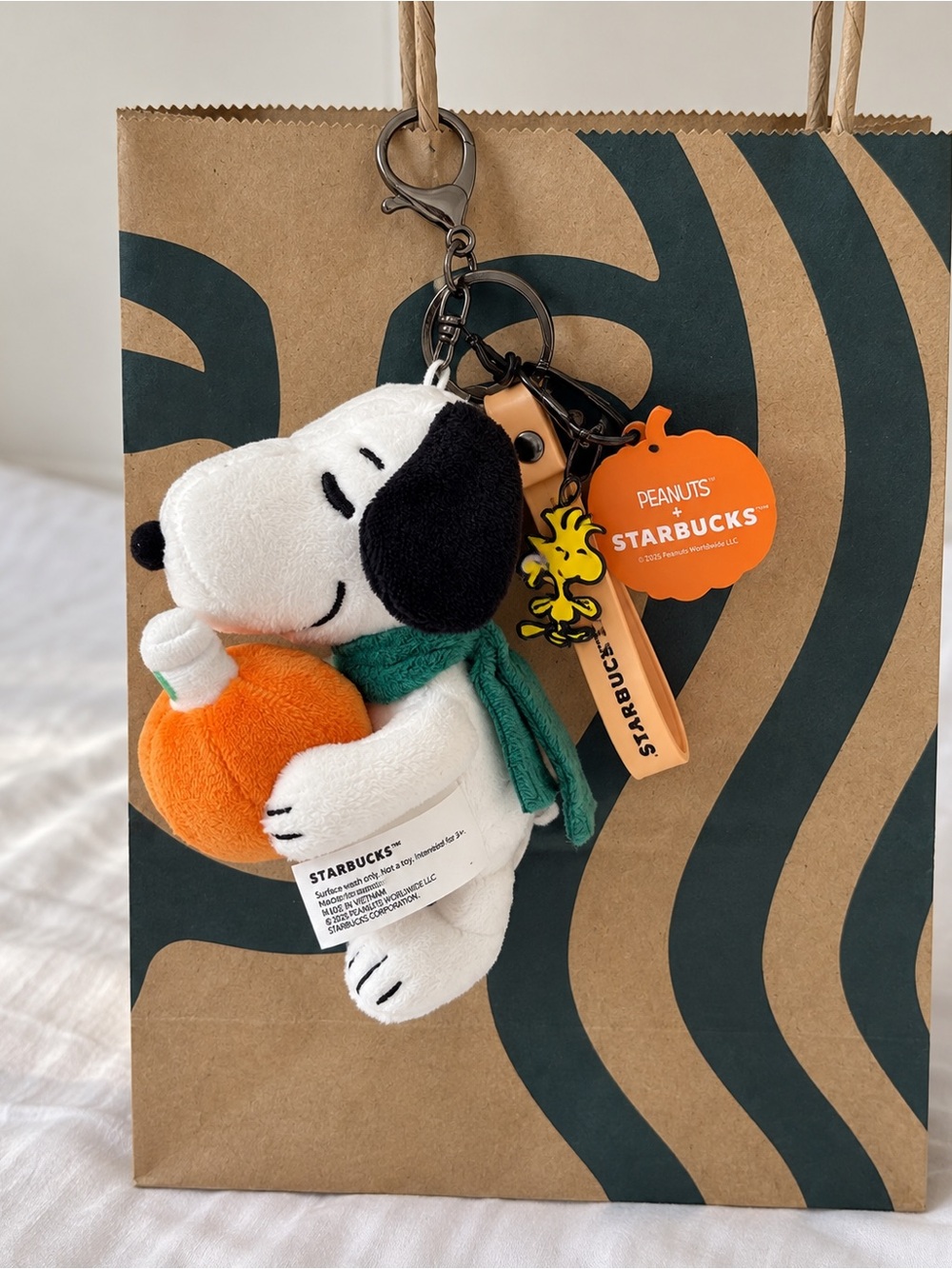 Starbucks Snoopy Plush Pumpkin Keychain - Orange, White & Green